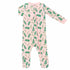 Light pink footed pajama with vintage-inspired Christmas holly pattern made in pima cotton