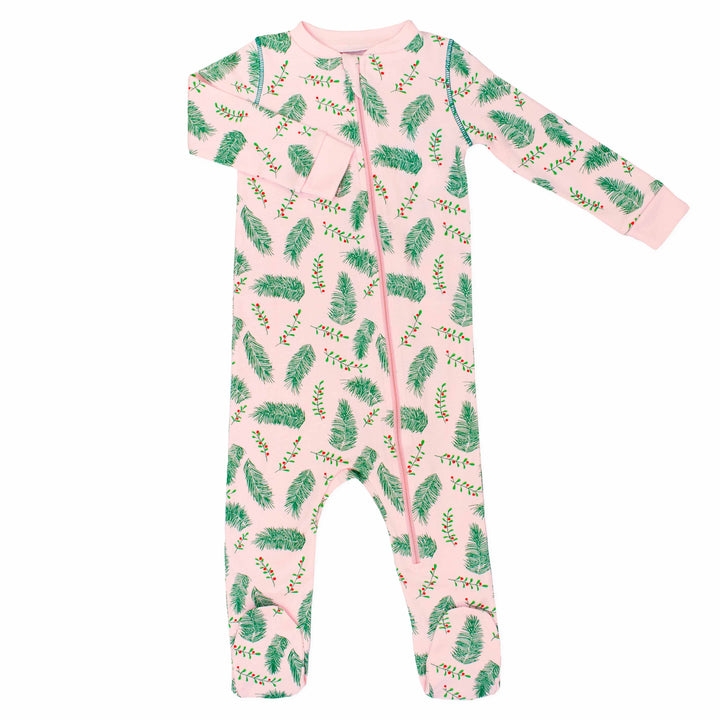 Light pink footed pajama with vintage-inspired Christmas holly pattern made in pima cotton