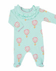 pink girls playsuit with classic ruffled collar and hot air balloon pattern made in pima cotton