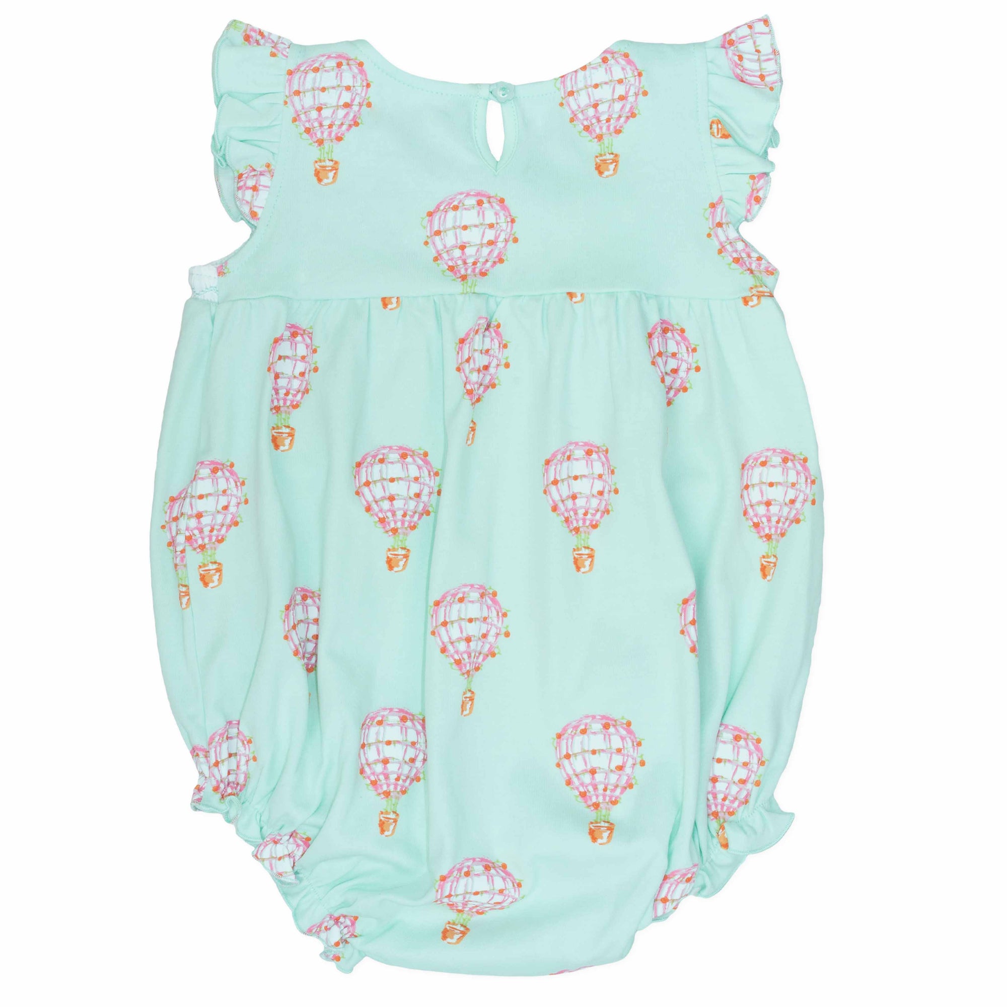 back view pink girls bubble with smock and hot air balloon pattern made in pima cotton