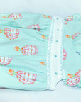 another detailed view of pink girls bubble with smock and hot air balloon pattern made in pima cotton