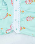 detailed view of pink girls bubble with smock and hot air balloon pattern made in pima cotton
