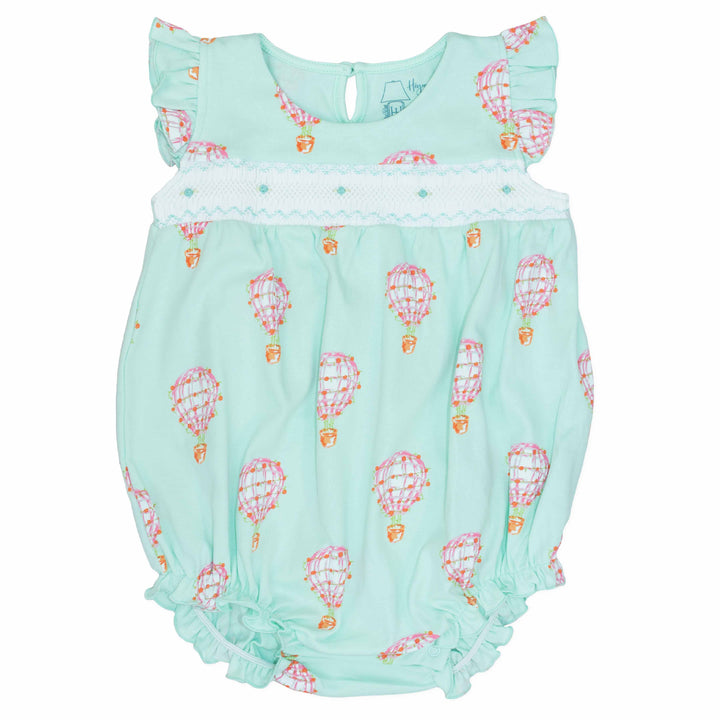 pink girls bubble with smock and hot air balloon pattern made in pima cotton