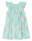 back view pink girls dress with smock and hot air balloon pattern made in pima cotton