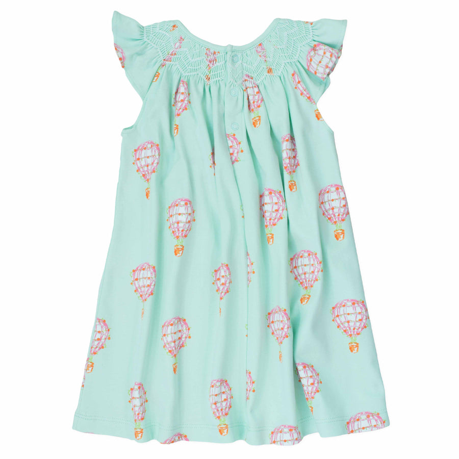 back view pink girls dress with smock and hot air balloon pattern made in pima cotton