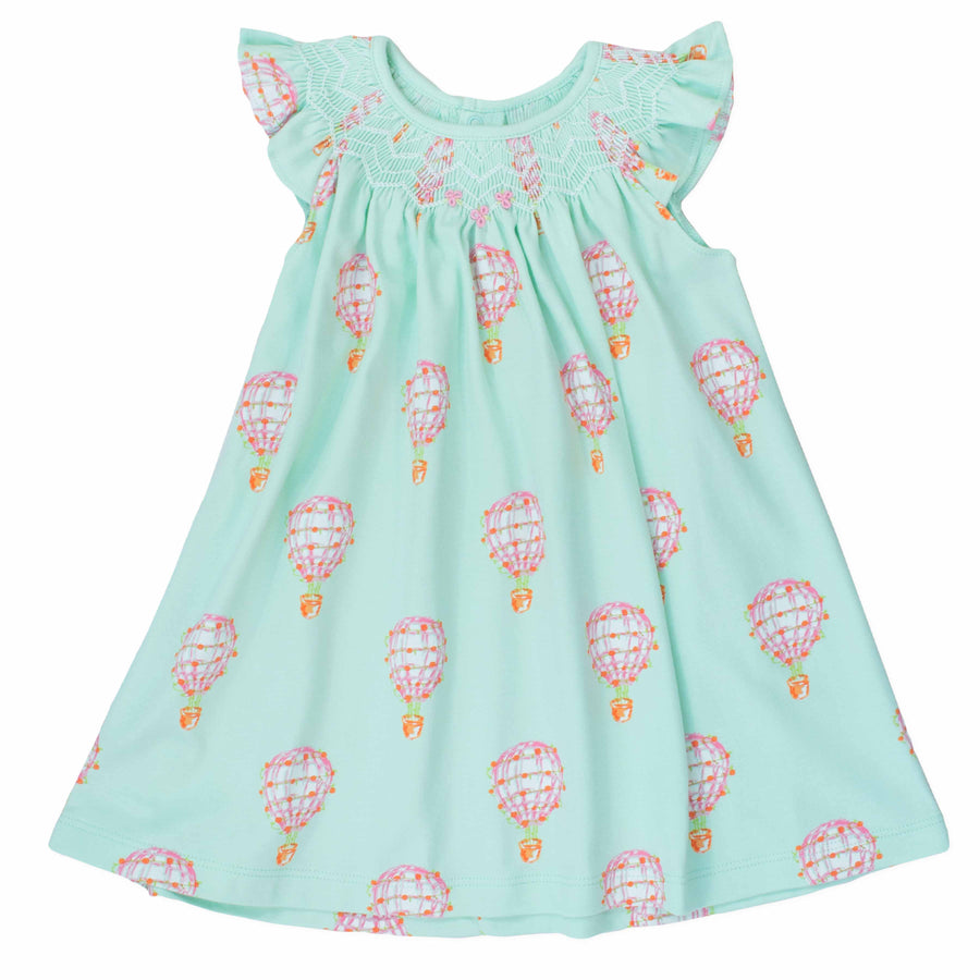 pink girls dress with smock and hot air balloon pattern made in pima cotton