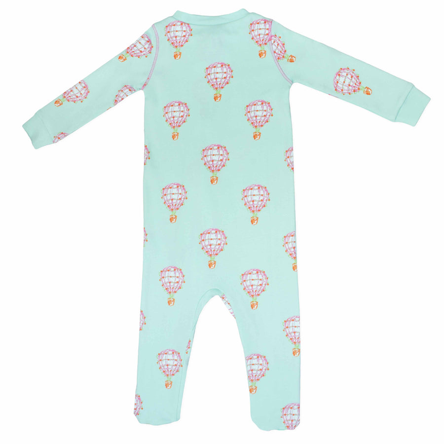 pink footed pajama with hot air balloon pattern made in pima cotton - back view