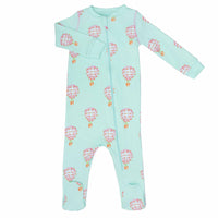 pink footed pajama with hot air balloon pattern made in pima cotton