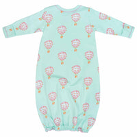 Pink blue infant gown with hot air balloon pattern made in pima cotton - back view