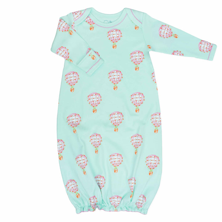 Pink infant gown with hot air balloon pattern made in pima cotton