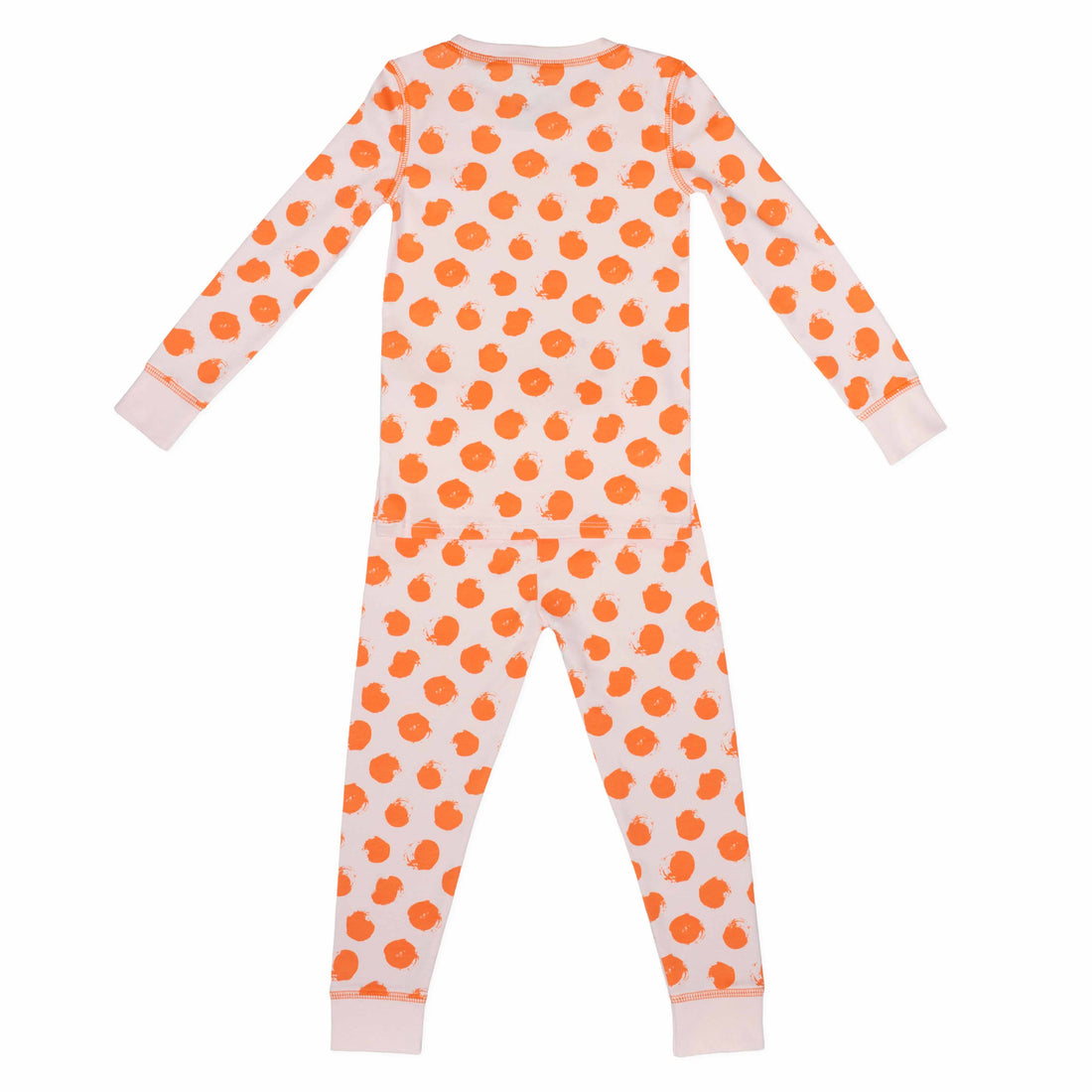 Pink two-piece pajama set with orange polka dot pattern made with pima cotton - back view