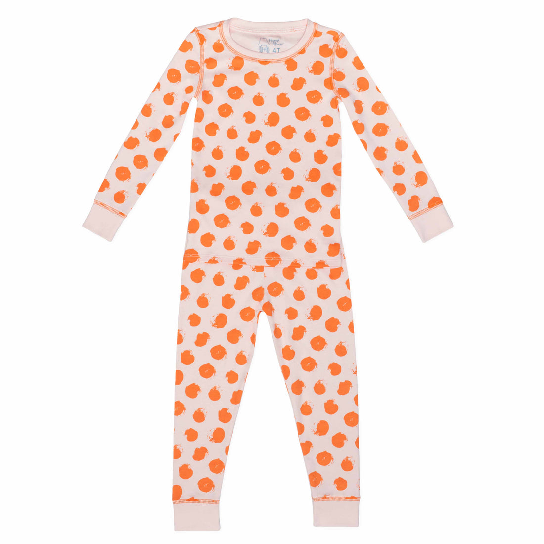 Pink two-piece pajama set with orange polka dot pattern made with pima cotton