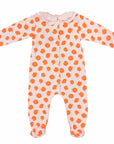 pink girls playsuit with classic ruffled collar and orange dots pattern made in pima cotton - back view