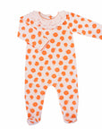 pink girls playsuit with classic ruffled collar and orange dots pattern made in pima cotton