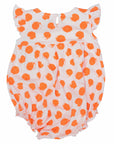 back view pink girls bubble with smock and orange dots pattern made in pima cotton