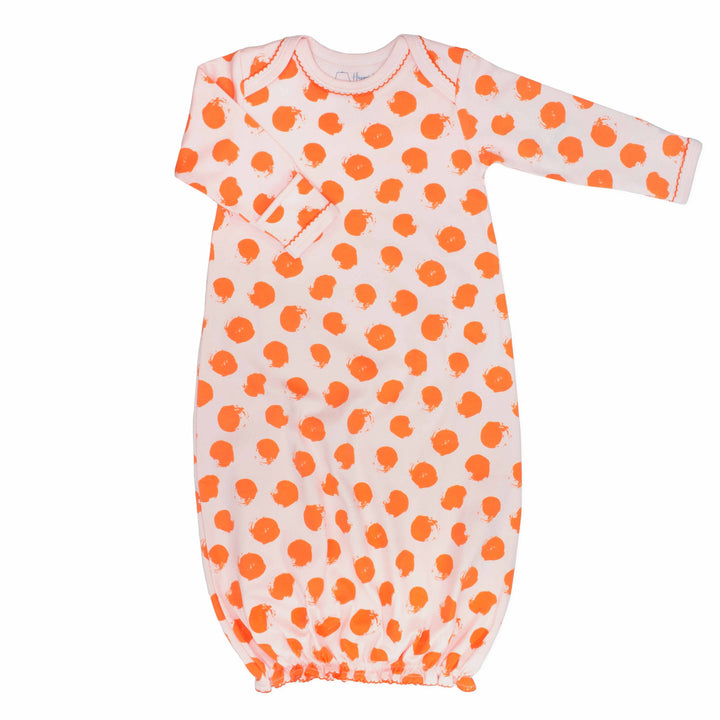 Pink gown with orange polka dot pattern made with pima cotton