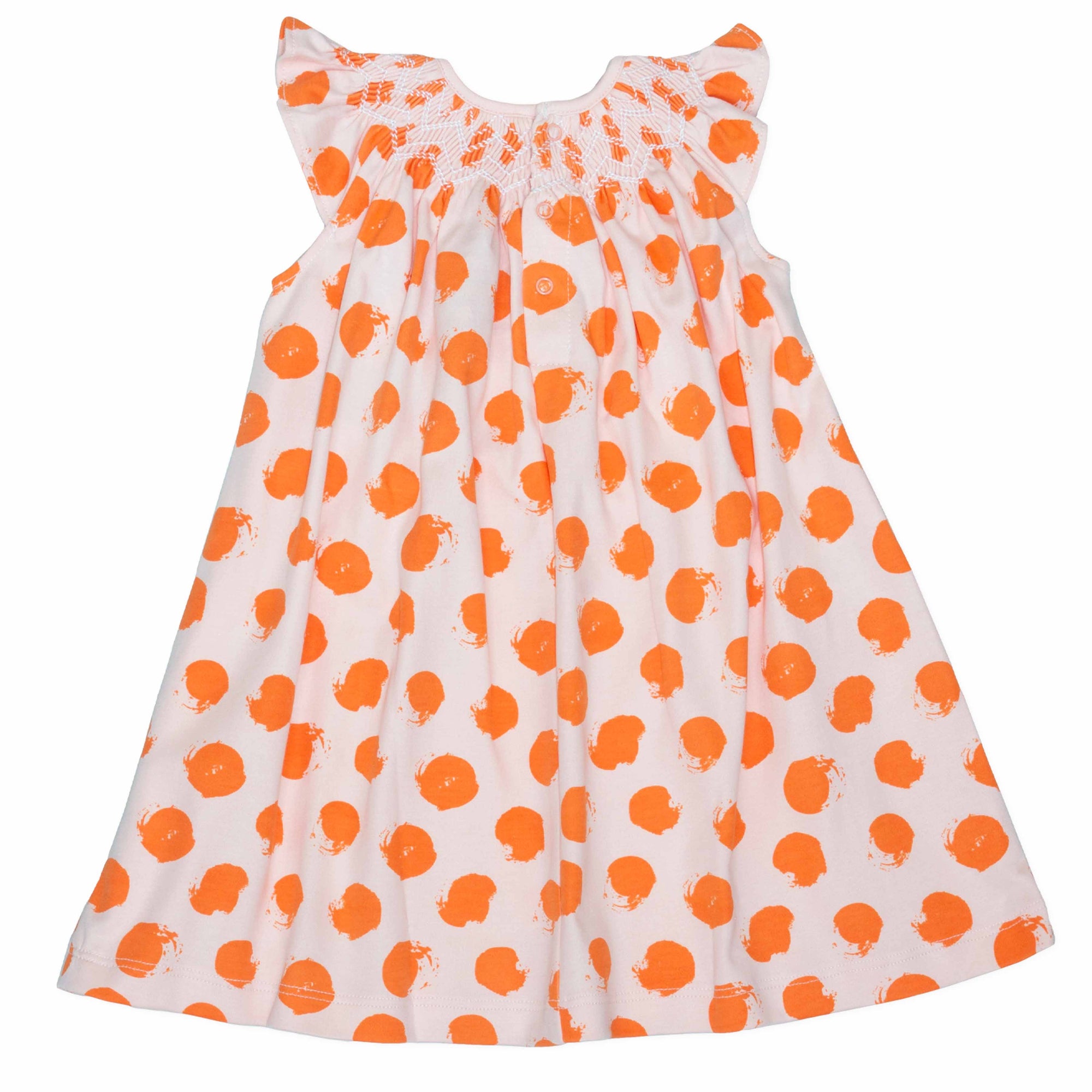 back view pink girls dress with smock and orange dots pattern made in pima cotton