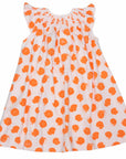 back view pink girls dress with smock and orange dots pattern made in pima cotton