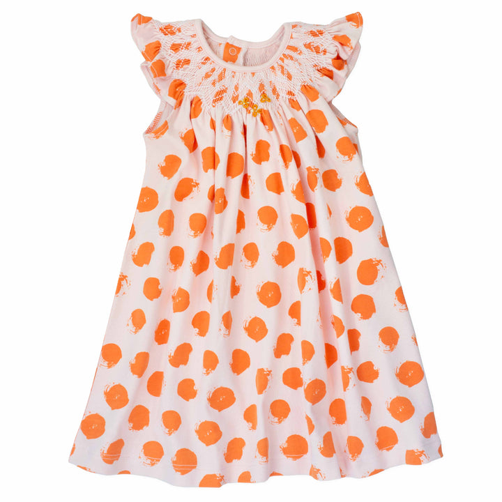 pink girls dress with smock and orange dots pattern made in pima cotton