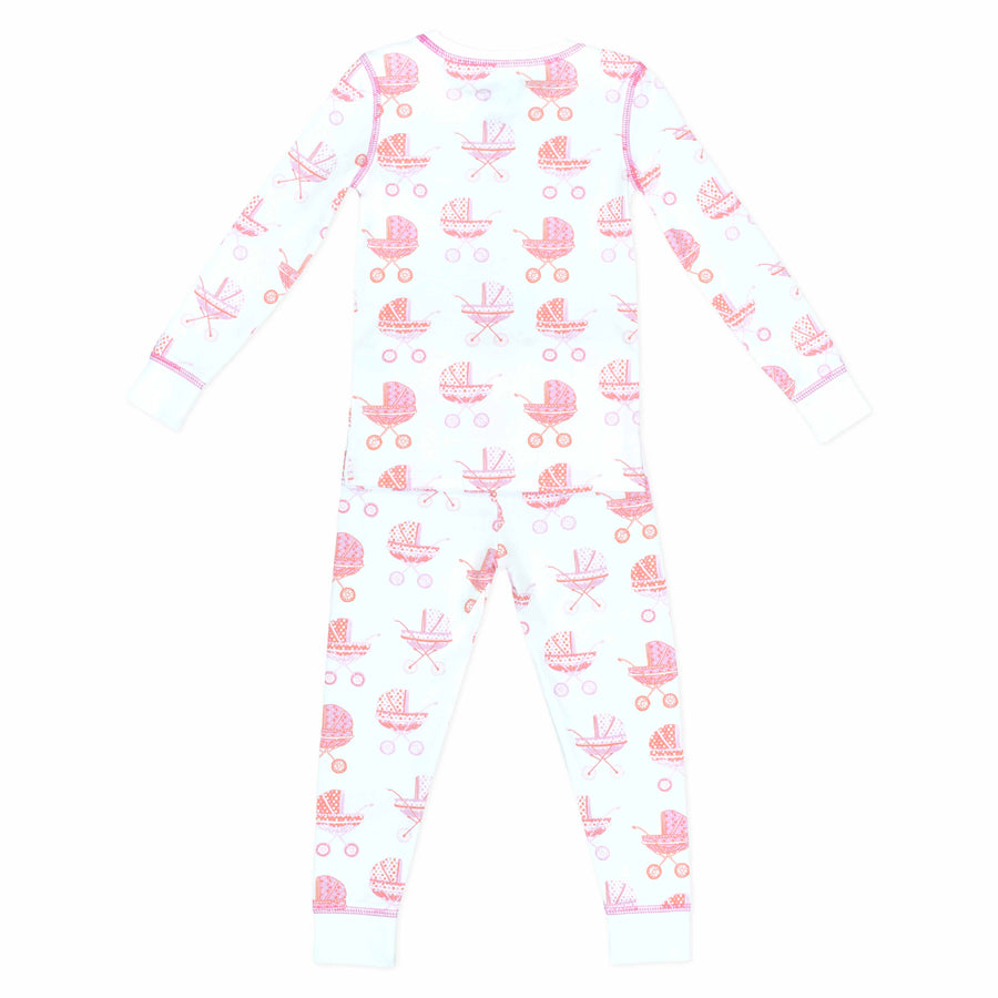 White two-piece pajama set with pink baby carriage pattern made with pima cotton - back view
