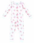 White two-piece pajama set with pink baby carriage pattern made with pima cotton
