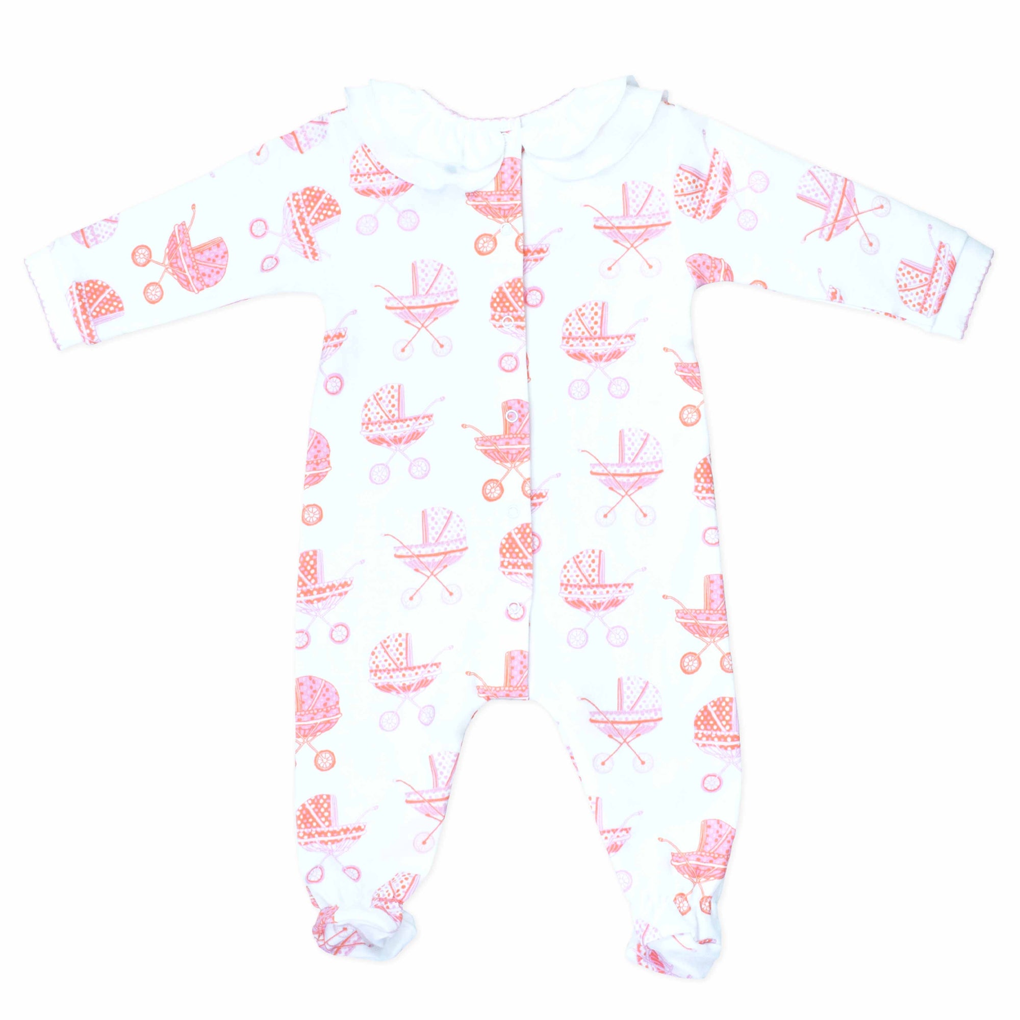 white girls playsuit with classic ruffled collar and vintage-inspired baby carriage pattern made in pima cotton - back view