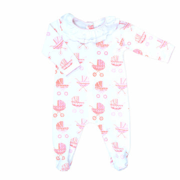 white girls playsuit with classic ruffled collar and vintage-inspired baby carriage pattern made in pima cotton