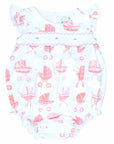 white girls bubble with smock and vintage-inspired baby carriage pattern made in pima cotton