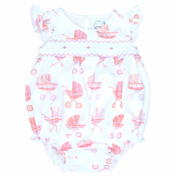white girls bubble with smock and vintage-inspired baby carriage pattern made in pima cotton