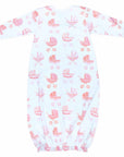 White infant gown with pink baby carriage pram pattern made in pima cotton - back view