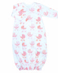 White infant gown with pink baby carriage pram pattern made in pima cotton