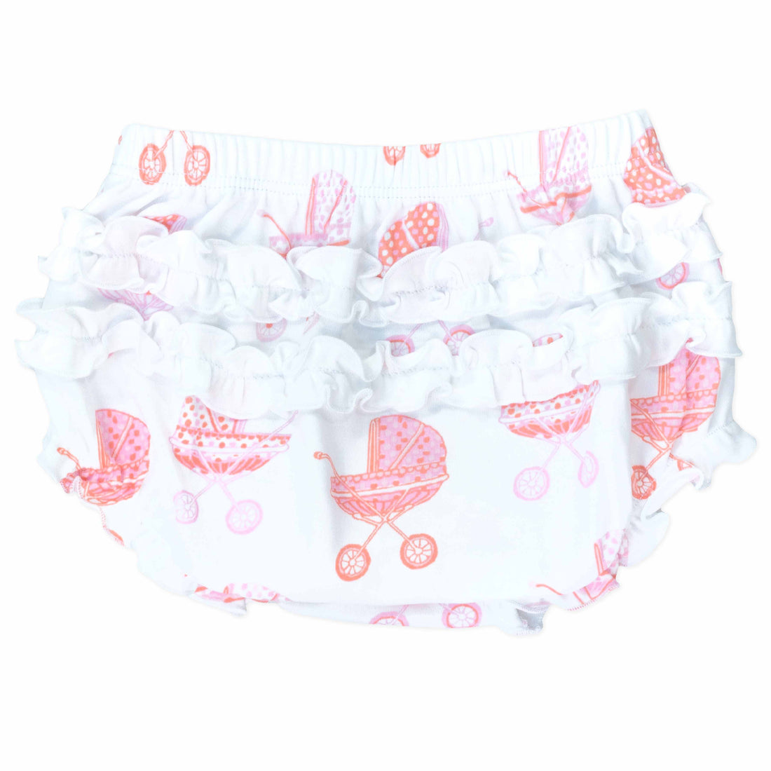 back view white girls bloomer with vintage-inspired baby carriage pattern made in pima cotton