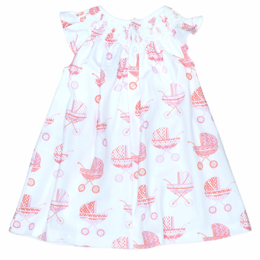 back view white girls dress with smock and vintage-inspired baby carriage pattern made in pima cotton