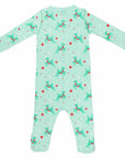 Mint green footed pajama with Christmas Reindeer pattern made in pima cotton - back view