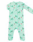 Mint green footed pajama with Christmas Reindeer pattern made in pima cotton