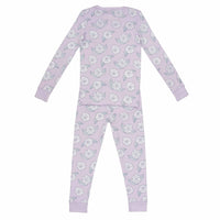 Pink two-piece pajama set with camellia flowers pattern made with pima cotton - back view
