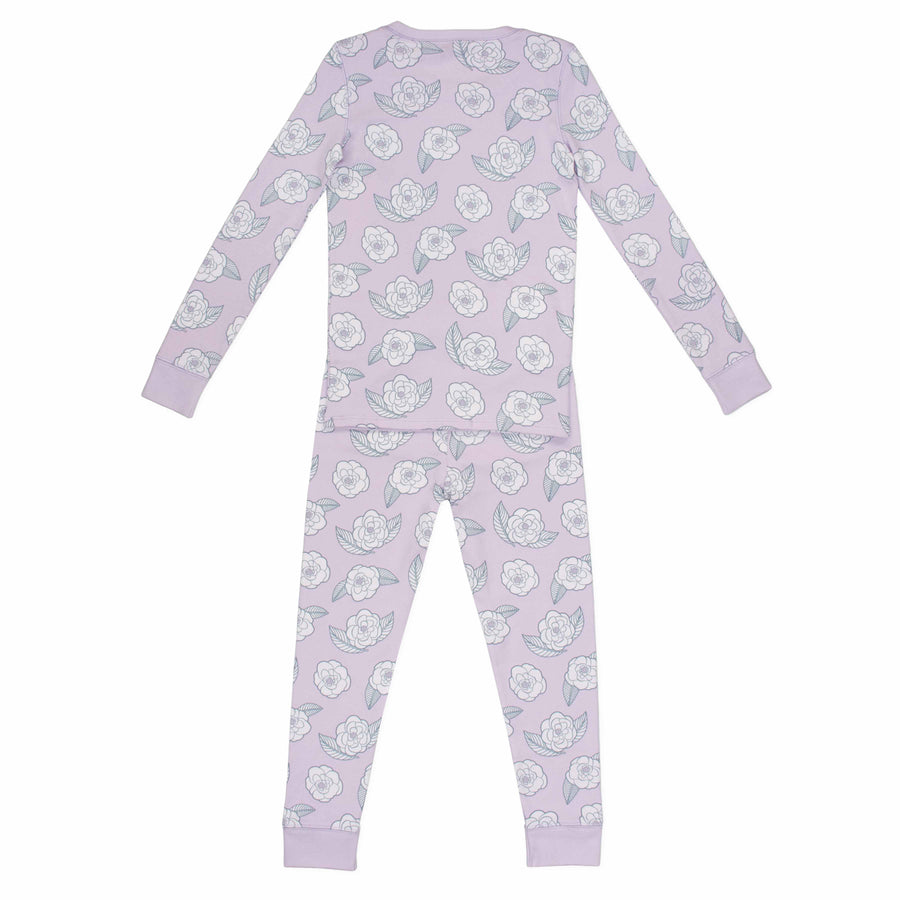 Pink two-piece pajama set with camellia flowers pattern made with pima cotton - back view