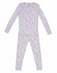 Pink two-piece pajama set with camellia flowers pattern made with pima cotton