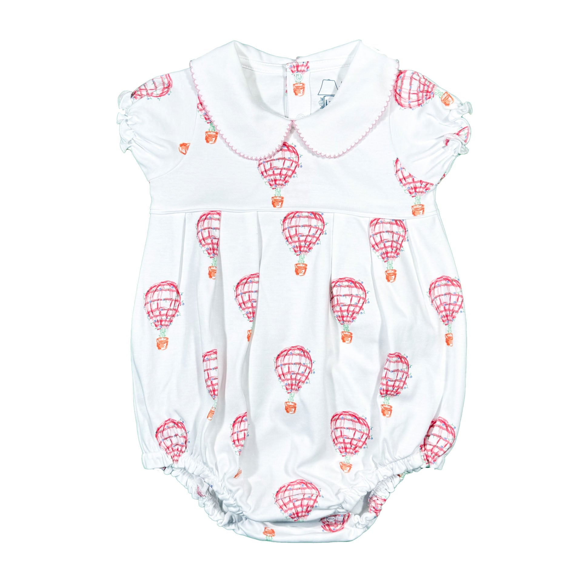 A short-sleeved white bodysuit for babies or toddlers with a Peter Pan collar, adorned with a pattern of pink and orange hot air balloon prints.