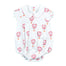 A short-sleeved white bodysuit for babies or toddlers with a Peter Pan collar, adorned with a pattern of pink and orange hot air balloon prints.