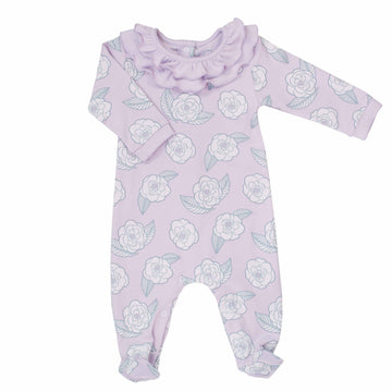 pink girls playsuit with classic ruffled collar and camellia flower pattern made in pima cotton