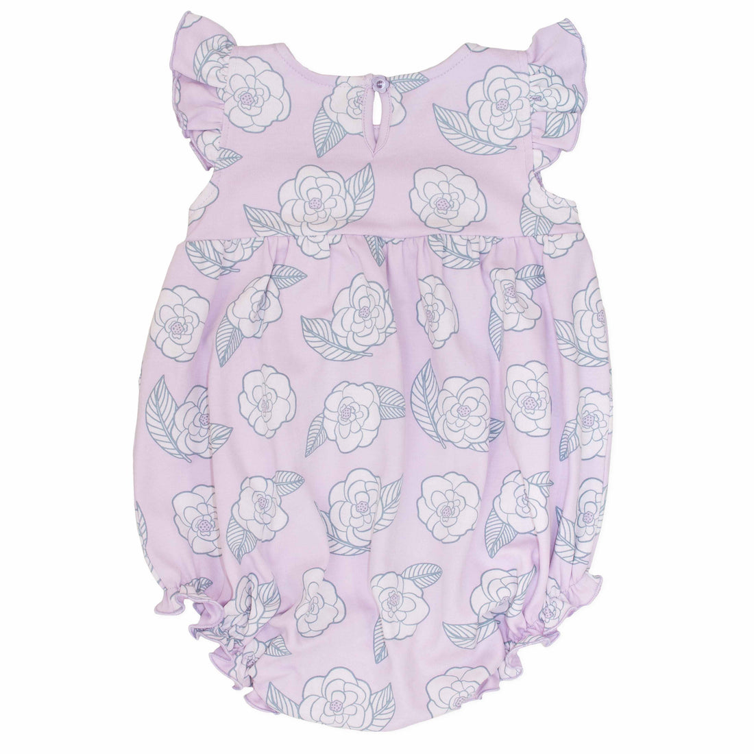 back view pink girls bubble with smock and camellia flower pattern made in pima cotton