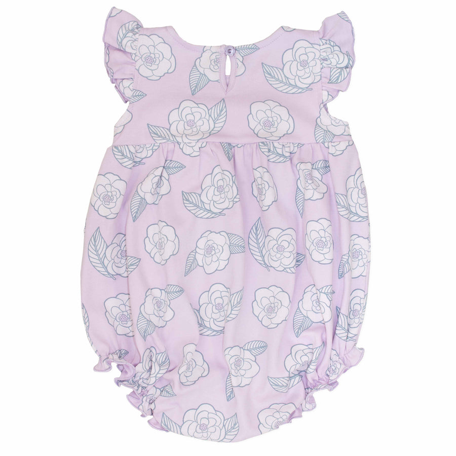 back view pink girls bubble with smock and camellia flower pattern made in pima cotton
