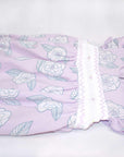 another detailed view pink girls bubble with smock and camellia flower pattern made in pima cotton