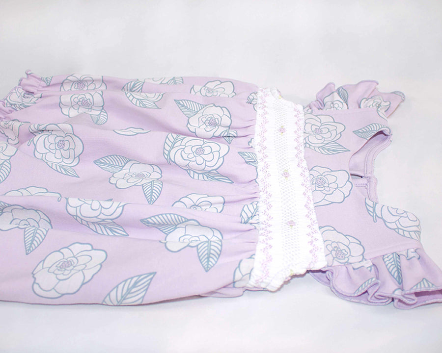 another detailed view pink girls bubble with smock and camellia flower pattern made in pima cotton