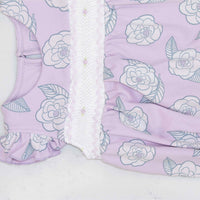 detailed view pink girls bubble with smock and camellia flower pattern made in pima cotton