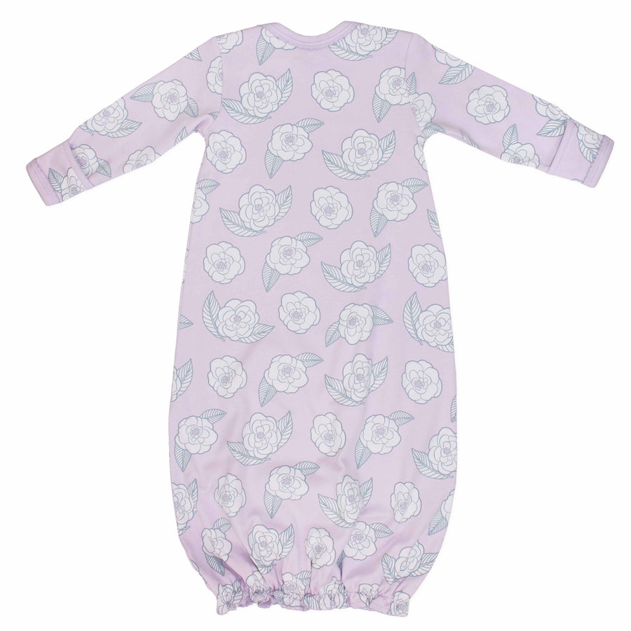 Pink infant gown with camellia flower pattern made in pima cotton - back view