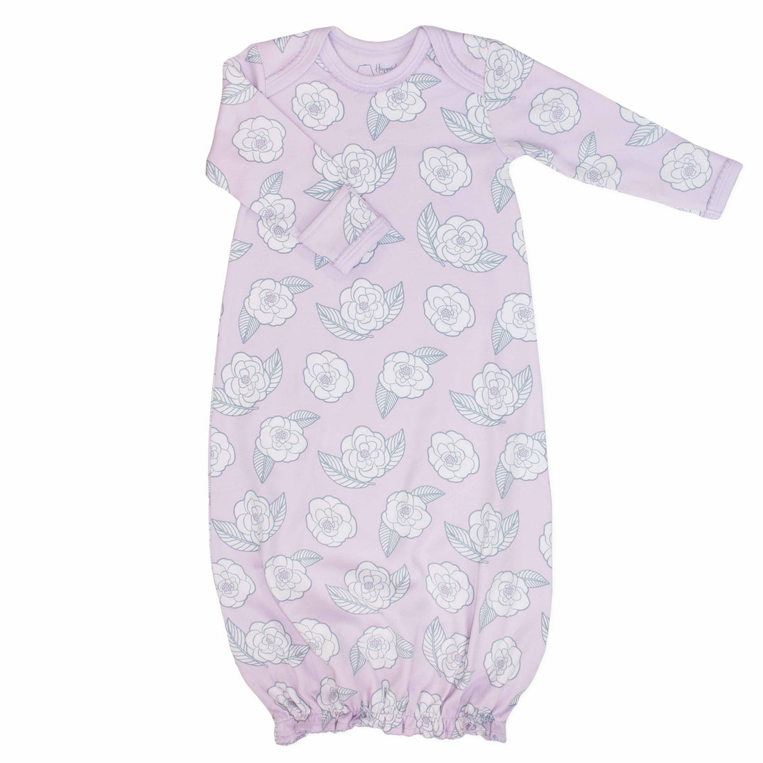 Pink infant gown with camellia flower pattern made in pima cotton