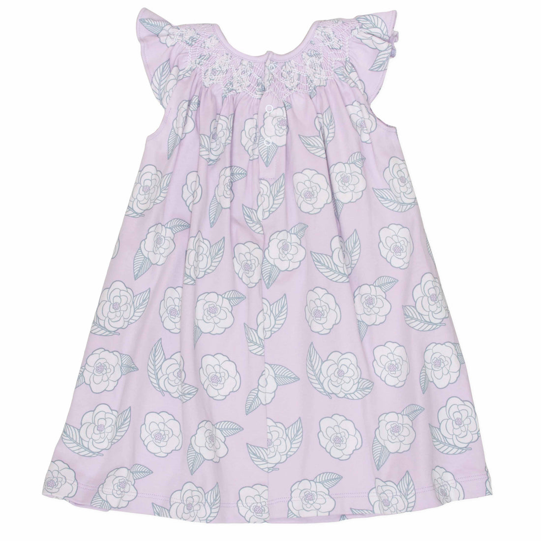 back view pink girls dress with smock and camellia flower pattern made in pima cotton