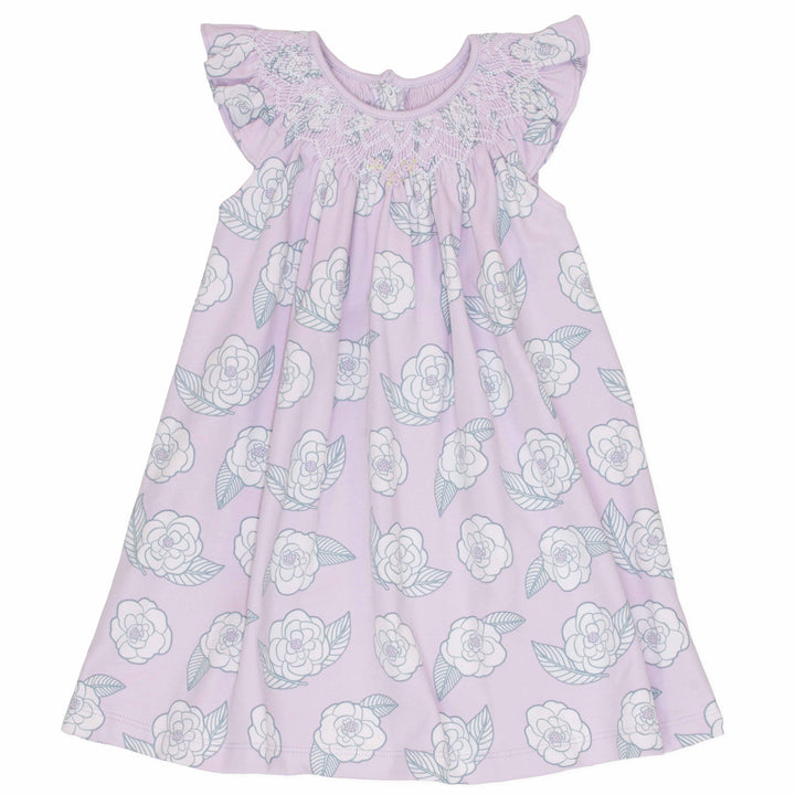 pink girls dress with smock and camellia flower pattern made in pima cotton